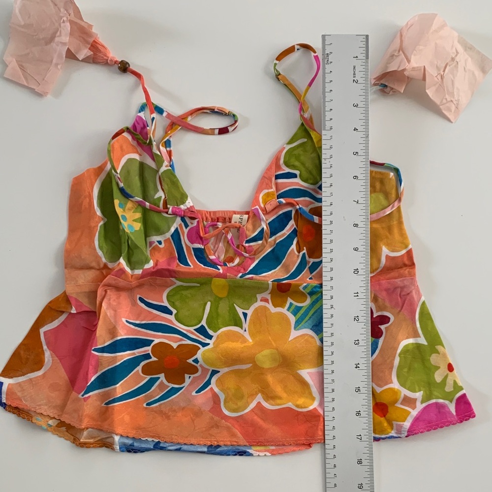 Spell | Margi Hour Bias Cami Small Paloma Floral Boho Lace Up Keyhole Top - Picture 10 of 10